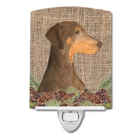 Carolines Treasures Ss4070Cnl Doberman On Faux Burlap With Pine Cones Ceramic Night Light Compact Ulcertified Ideal For Bedr