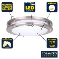 Coramdeo 10 Inch Led Satin Nickel Ceiling Flush Mount Light For Hallways, Bedrooms, Entry, Built In Led Gives 100W Of Light From 14W Of Power, 980 Lumens, 3K, Dimmable, Nickel Finish, Acrylic Lens