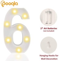 Pooqla Decorative Led Light Up Number Letters, White Plastic Marquee Number Lights Sign Party Wedding Decor Battery Operated Number (6)