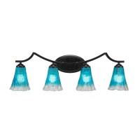 Zilo 4 Light Bath Bar Shown In Matte Black Finish With 5.5 Fluted Teal Crystal Glass