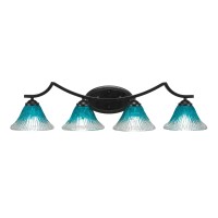 Zilo 4 Light Bath Bar Shown In Matte Black Finish With 7 Teal Crystal Glass