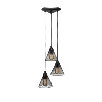 Europa 3 Light Cluster Pendalier Shown In Matte Black Finish With 7 Matte Black Mesh Metal Shade