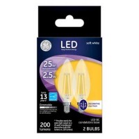 GE 2 Pack LED2DBCAGC2BT 25W Soft White Clear Color BC Bulb Shape Decorative LED Bulb 25W Incandescent Equivalent Candelabra Base Dimmable 200 Lumens 2700 Kelvin color temperature CRI 80 13 years 15000 hour rated life MOL 40 inches Energy Star approved box