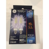 GE 2 Pack LED3DBCCRVLOT2 32 Watts Clear Reveal Decorative LED Light Bulb Candelabra Base Blunt Tip 240 Lumens 40 Watts Color Temperature 2850K Rated Life 15000 Hours adjustable intensity mol420 filters out harsh lighting tones like yellow and green