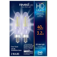 GE 2 Pack LED3DBCCRVLOT2 32 Watts Clear Reveal Decorative LED Light Bulb Candelabra Base Blunt Tip 240 Lumens 40 Watts Color Temperature 2850K Rated Life 15000 Hours adjustable intensity mol420 filters out harsh lighting tones like yellow and green