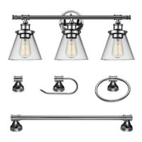 Parker 5 piece chrome all in one bath set includes 3 light vanity with chrome finish clear glass shade towel ring towel bar toilet paper holder robe hook All in One 3 Light Vanity Towel Bar Toilet Paper Holder Towel Ring and Hook Modern chrome finish All 