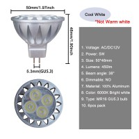 Alide Mr16 Led Bulbs 6000K Daylight Bright Cool White 5W,Replace 20W 35W Halogen Equivalent,12V Mr16 Gu5.3 Low Voltage Bulb For Outdoor Landscape Track Ceil Lighting,Not Dimmable,450Lm,38 Deg,6 Pack