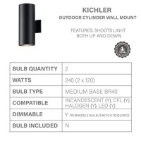 Kichler Cylinders 15 2Light Outdoor Cylinder Wall Sconce In Black 15 H X 575 W 9246Bk