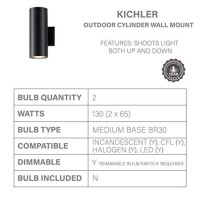 Kichler Cylinders 12 Outdoor Wall Sconce In Black 2Light Exterior Wall Light Cylinder Fixture 12 H X 5 W 9244Bk