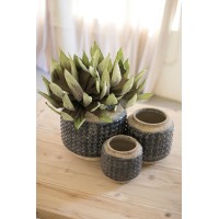 Set Of Three Dark Blue Knobby Ceramic Pots