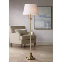 360 Lighting Spenser Traditional Floor Lamp Standing 58 Tall Brushed Antique Brass Gold Metal Thin Column Offwhite Linen Fabr