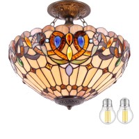 Werfactory Tiffany Ceiling Light Fixture Serenity Victorian Stained Glass Semi Flush Mount Lamp Wide 16 Inch Height 15 Inch Tiffany Ceiling Lamp S021 Series