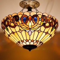 Werfactory Tiffany Ceiling Light Fixture Serenity Victorian Stained Glass Semi Flush Mount Lamp Wide 16 Inch Height 15 Inch Tiffany Ceiling Lamp S021 Series