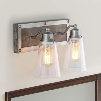 Log Barn 2 Lights Bathroom Lighting In Real Distressed Wood And Brushed Antique Silver Finish With Cone Clear Glass Shades, 14.1