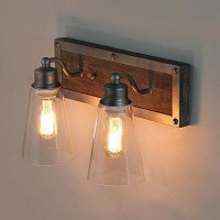 Log Barn 2 Lights Bathroom Lighting In Real Distressed Wood And Brushed Antique Silver Finish With Cone Clear Glass Shades, 14.1