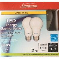 Sunbeam 100W Led Dimmable A19 / A21 Light 2 Pack, Energy Star, 1600 Lumens, 3000K Warm White, 14.5 Watt, 100 Replacement / Equivalent