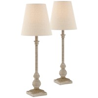 Regency Hill Loreno Traditional Country Cottage Buffet Table Lamps 24 High Set Of 2 Antique Whitewashed Oatmeal Faux Linen Tapered Cone Shade For Living Room House Home Dining Family