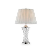 Brighten your living space and accentuate your interior dcor style with this stunning table lamp The distinct design features a concaveshaped glass base with a detailed pattern and a polished nickel finish Topped with a pleated bellshaped offwhite fabric 