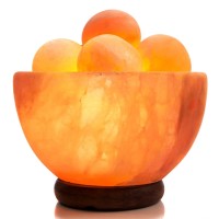 Umaid Himalayan Salt Lamp Bowl With 6 Pink Salt Massage Balls, Modern Wood Base, Bulb And Dimmable Cord, Natural Rock Salt Lamps With Stones, Unique Home Decor, Zen Gifts, Spa & Meditation Accessories