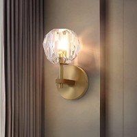 Noxarte Modern Crystal Wall Sconce, Gold Bedroom Wall Lights, Brushed Brass Indoor Mirror Vanity Light For Living Room Bedside Hallway D4.7 Inch X H9 Inch