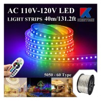 Kertme 5050-60 Type Ac 110-120V Rgb Led Strip Lights, Flexible/Waterproof/Dimmable/Multi-Colors/Multi-Modes Led Rope Light + 24 Keys Remote For Home/Garden/Building Decoration (131.2Ft/40M, Rgb)