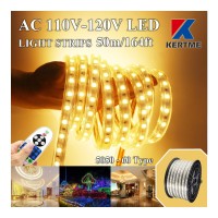 Kertme 5050-60 Type Ac 110-120V Led Strip Lights, Flexible/Waterproof/Dimmable/Multi-Modes Led Rope Light + 23 Keys Remote For Home/Garden/Building Decoration (164Ft/50M, Warm White 3500K)