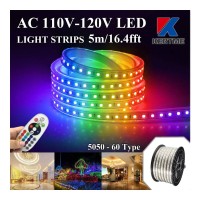 Kertme 5050-60 Type Ac 110-120V Rgb Led Strip Lights, Flexible/Waterproof/Dimmable/Multi-Colors/Multi-Modes Led Rope Light + 24 Keys Remote For Home/Garden/Building Decoration (16.4Ft/5M, Rgb)