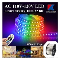 Kertme 5050-60 Type Ac 110-120V Rgb Led Strip Lights, Flexible/Waterproof/Dimmable/Multi-Colors/Multi-Modes Led Rope Light + 24 Keys Remote For Home/Garden/Building Decoration (32.8Ft/10M, Rgb)