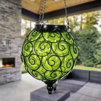 Exhart Outdoor Garden Solar Lights, Round Glass And Metal Hanging Lantern, 15 Firefly Led Lights, 7 X 20 Inch, Green