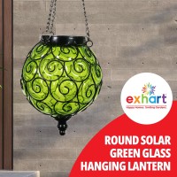 Exhart Outdoor Garden Solar Lights, Round Glass And Metal Hanging Lantern, 15 Firefly Led Lights, 7 X 20 Inch, Green