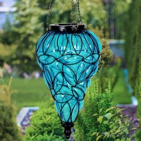 Exhart Outdoor Garden Solar Lights, Tear-Shaped Glass And Metal Hanging Lantern, 15 Firefly Led Lights, 7 X 24 Inch, Blue