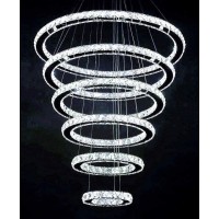 Siljoy Modern Crystal Chandelier Lighting, 6 Ring Chandelier Led Ceiling Lights Fixtures With 3-Color, High Ceiling Foyer Chandelier For Living Room Dining Room Staircase, D8-12-16