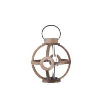 Wood Round Lantern With Metal Handle And Hurricane Candle Holder Natural Finish Brown