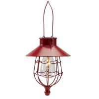 Distressed Porch Lantern - Solar-Powered Light With Vintage-Style Cage - Red