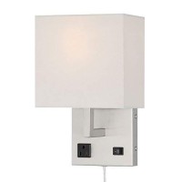 Homefocus - Bedside Wall Light With Outlet,Wall Lamp,Wall Sconces,Wall Lamp For Bedroom,Living Room,Wall Light For Home And Hotel,Metal,Satin Nickel,White Fabric Shade.