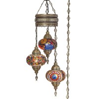 Demmex Turkish Moroccan Mosaic Swag Plug In Chandelier Light Ceiling Hanging Lamp Pendant Light Fixture, 3 Big Globes (3 X 7 Globes Swag Plug In)