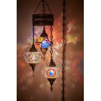 Demmex Turkish Moroccan Mosaic Swag Plug In Chandelier Light Ceiling Hanging Lamp Pendant Light Fixture, 3 Big Globes (3 X 7 Globes Swag Plug In)