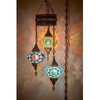 Demmex Customizable Turkish Moroccan Mosaic Swag Plug In Chandelier, Boho Colorful Exotic Oriental Ceiling Hanging Lamp Pendant Light Fixture Lighting, 15Ft Cord Chain And Plug, 3 Big Globes (Plug In)