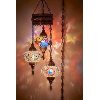 Demmex Customizable Turkish Moroccan Mosaic Swag Plug In Chandelier, Boho Colorful Exotic Oriental Ceiling Hanging Lamp Pendant Light Fixture Lighting, 15Ft Cord Chain And Plug, 3 Big Globes (Plug In)