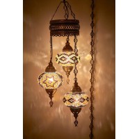 Demmex Customizable Turkish Moroccan Mosaic Swag Plug In Chandelier, Boho Colorful Exotic Oriental Ceiling Hanging Lamp Pendant Light Fixture Lighting, 15Ft Cord Chain And Plug, 3 Big Globes (Plug In)