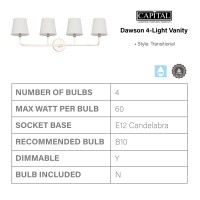 Capital Lighting 119341Pn674 Dawson Decorative White Fabric Staystraight Shades Bath Vanity Wall Mount 4Light 240 Total Watt