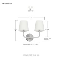 Capital Lighting 119321Bn674 Dawson Decorative White Fabric Staystraight Shades Bath Vanity Wall Mount 2Light 120 Total Watt