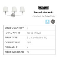 Capital Lighting 119331Bn674 Dawson Decorative White Fabric Staystraight Shades Bath Vanity Wall Mount 3Light 180 Total Watt