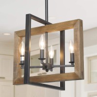 Log Barn Dining Room Lighting Fixtures Hanging, Farmhouse Chandelier In Distressed Wood And Metal Finish, Black Pendant For Kitchen Island