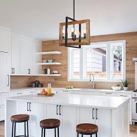 Log Barn Dining Room Lighting Fixtures Hanging, Farmhouse Chandelier In Distressed Wood And Metal Finish, Black Pendant For Kitchen Island