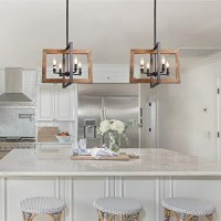 Log Barn Dining Room Lighting Fixtures Hanging, Farmhouse Chandelier In Distressed Wood And Metal Finish, Black Pendant For Kitchen Island