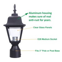 Lit-Path Outdoor Post Lighting Fixture Pole Lantern, E26 Medium Base Max 60W, Aluminum Housing Plus Clear Glass, Bulb Not Included, Matte Black Finish, 1-Pack