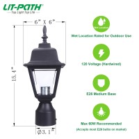 Lit-Path Outdoor Post Lighting Fixture Pole Lantern, E26 Medium Base Max 60W, Aluminum Housing Plus Clear Glass, Bulb Not Included, Matte Black Finish, 1-Pack