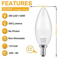 Kindeep E12 Candelabra Led Light Bulbs, 6W Candle Light Bulbs 60 Watt Equivalent, Daylight White 5000K Ceiling Fan Light Bulbs, 550 Lumens, E12 Candle Base, 6 Pack