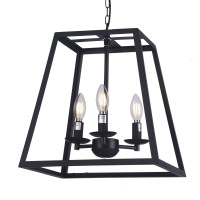 Raekor 14 Modern Black Metal Iron Frame Square Cage Chain Hanging Chandelier Ceiling Light 3Bulbs Lantern Lighting Fixture Ma